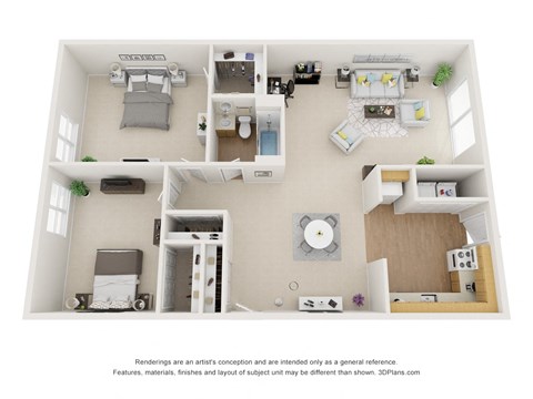 a stylized floor plan of a 1 bedroom apartment